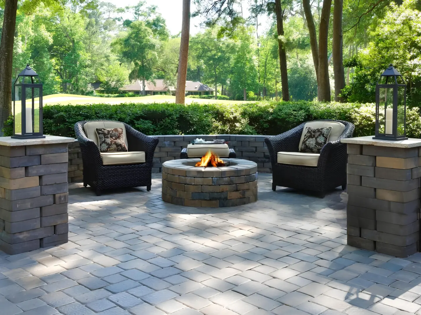 Beautiful outdoor patio with a firepit and chairs