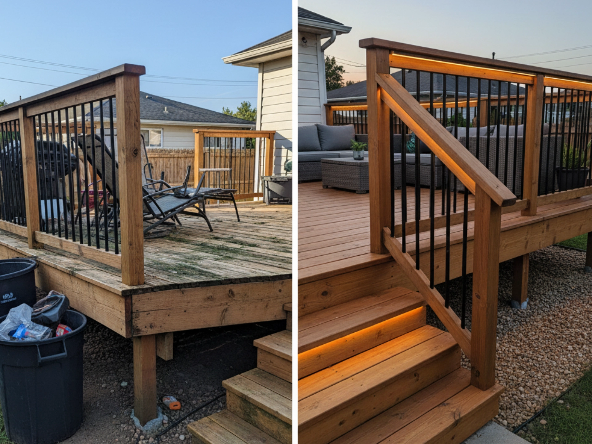 Before and after photo of a deck repair