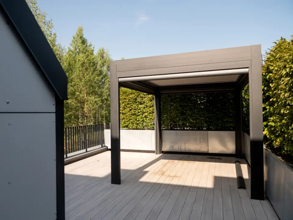 Modern outdoor pergola with trees